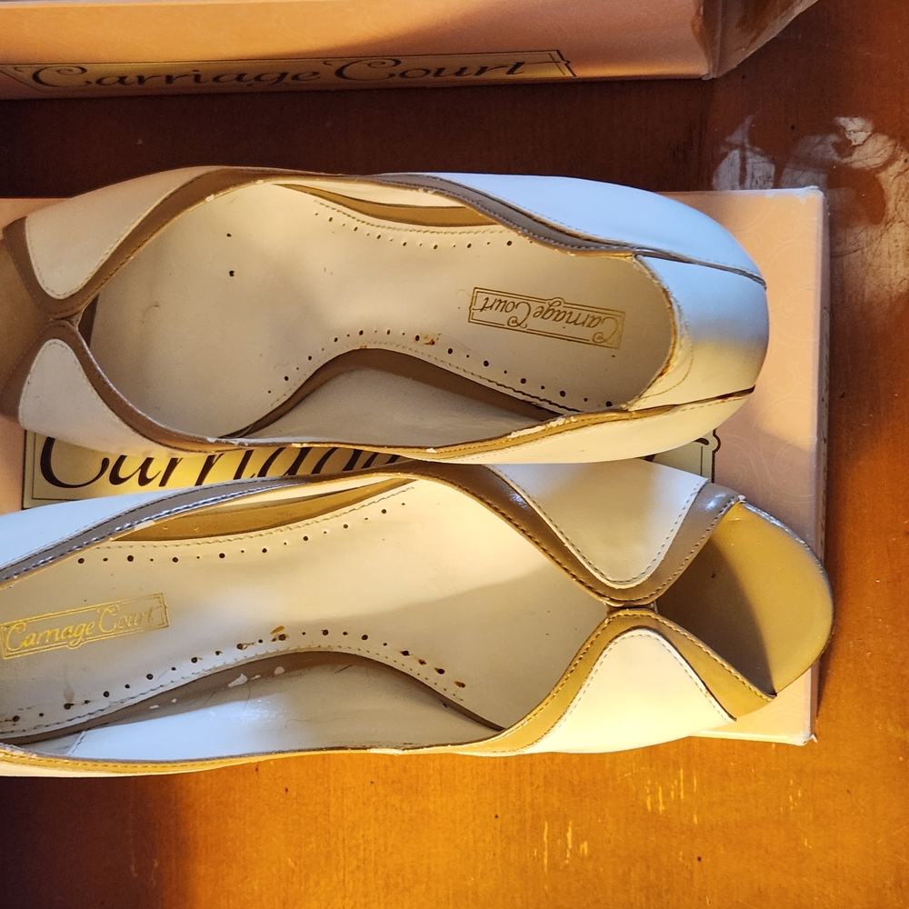 Women's Cream and Tan Peep Toe Shoes